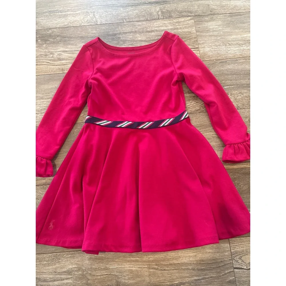 Polo Ralph Lauren Girls Pink Long Sleeve Ruffle Cuff Dress Size 5 Ribbon Waist